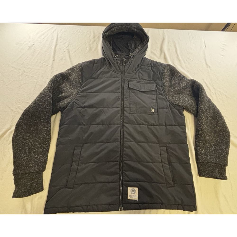 Hurley Quilted Jacket Mens Large Hooded Black Insulated Full Zip Surf
